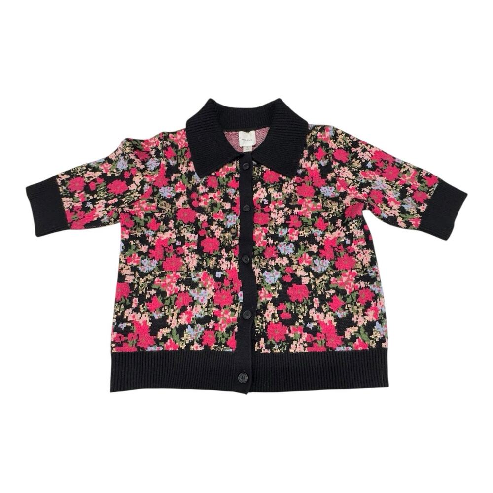 Anthropologie Black Floral Short-Sleeve Cardigan with Pink Accents